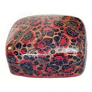 VTG Hand-Painted Lacquered Paper Mache Trinket Box Floral Boho Global Style